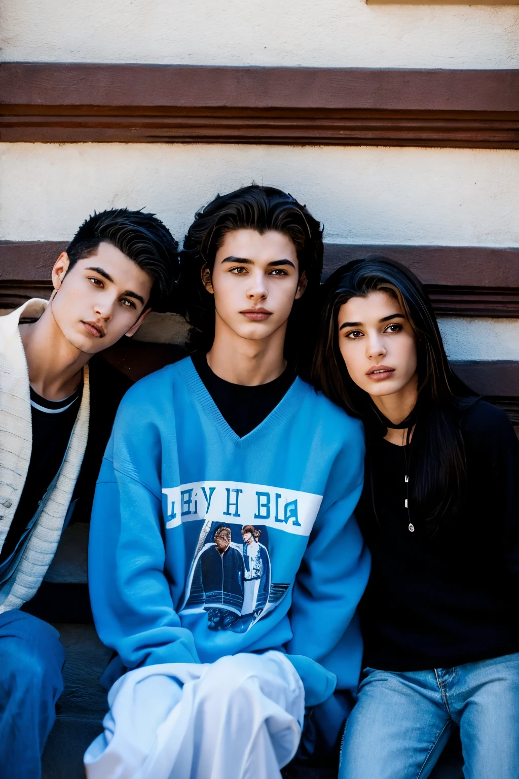 three  two boys, um de cabelo preto e curto e segundo loiro de cabelo curto e a  de cabelo azul