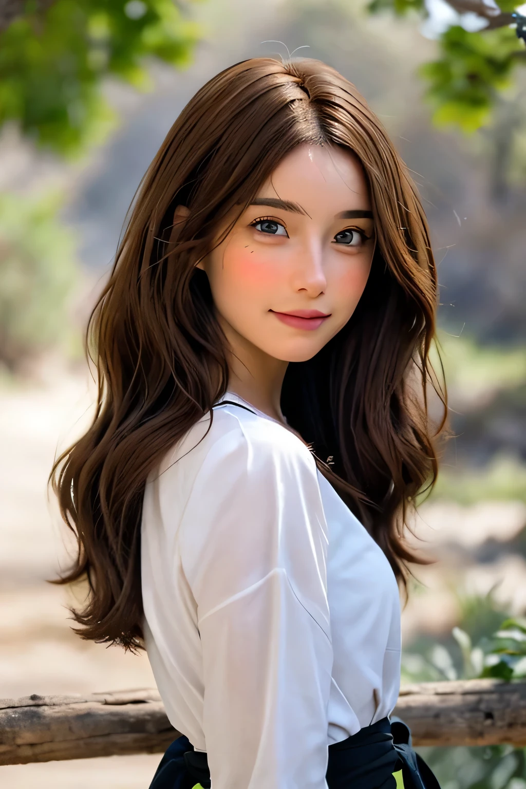 ((Mejor calidad)), ((obra maestra)), (detallado), cara perfecta,, foto carnet, mirando cuerpo entero al frente, ambos hombros mirando al frente, porta retrato de una mujer, con el pelo muy poco ondulado, brown hair color, that the hair is very long, that the hair reaches the waist, brown eye color, eye size not very big, blushing cheeks with a medium size, que el porta retrato se vea hasta el pecho y que el fondo sea de la naturaleza, hojas, agua, cascadas pajaros. Por ultiimo ropa espiritual,, holistica