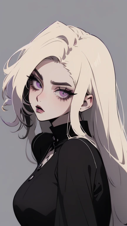 anime style, cartoon, comic, anime comic, medium dark colors, soft tones, lighting details, generates an image of a 20-year-old a single gothic girl, black painted lips, pastel purple eyes, long black hair dark pastel purple background, the girls hair reaches her eyebrows, defined eyebrows