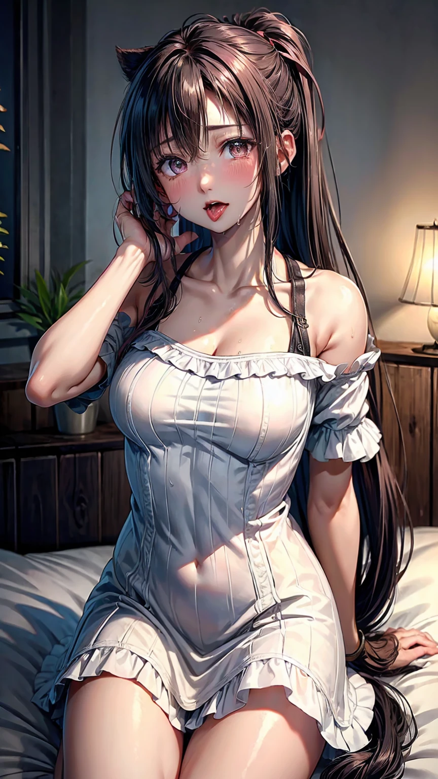 Super detailed(eye:1.7),highest quality、best image quality、on the bed、beautiful cleavage、disheveled clothes、thin、humiliated face、dog pose、Super detailed、small breasts、Light Particles 0.5、Moist eyes、wet body、lick、open your mouth、stick out tongue、dripping cloudy saliva、small face、Russian peasant clothing、white hair、Up ponytail