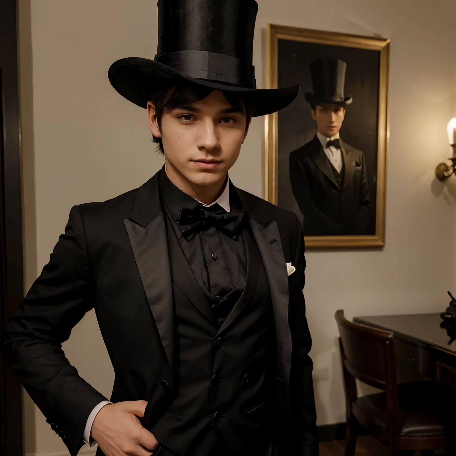 A 20 year old magician wearing a suit and a black top hat.