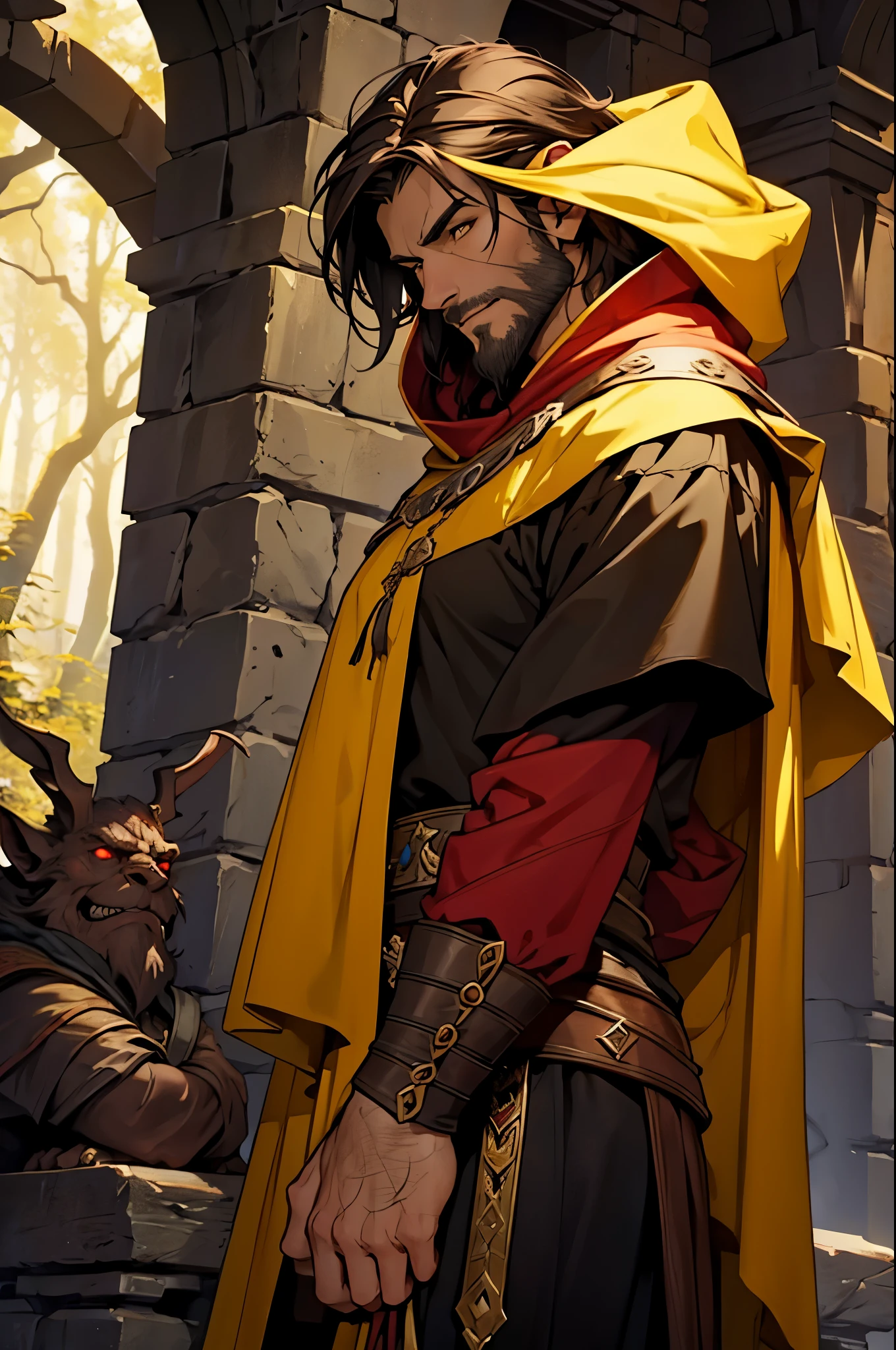a mystical dark red evil forest of medieval fantasy there is a man about 30 years old. he is a bard of a medieval fantasy enviroment, he wears a yellow tunic and a yellow hood he have dark hair ,no beard,scar in his face. he has the lute in his back.