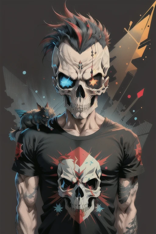 (best quality,4k,8k,highres,masterpiece:1.2), skull, mohawk, punk, vector art,j-horror, black background, vector t-shirt logo design, joyful, lens flare abuse, Yuki Katsura, subalpine meadows, Walking Catfish, Christmas Red