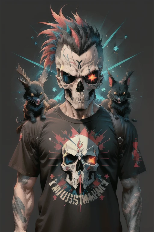 (best quality,4k,8k,highres,masterpiece:1.2), skull, mohawk, punk, vector art,j-horror, black background, vector t-shirt logo design, joyful, lens flare abuse, Yuki Katsura, subalpine meadows, Walking Catfish, Christmas Red