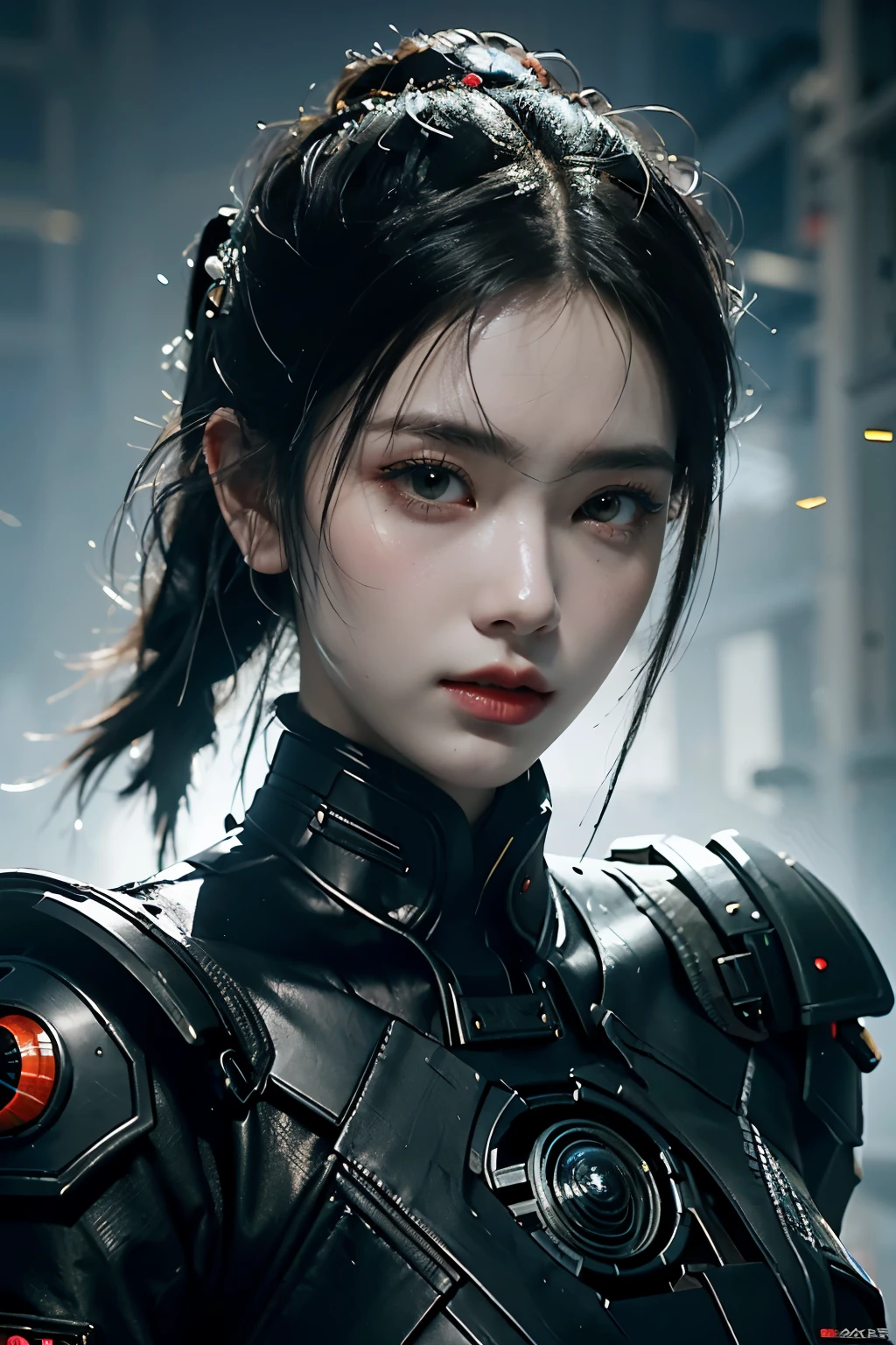 Game art,The best picture quality,Highest resolution,8K,((A bust photograph)),((Portrait)),((Head close-up)),(Rule of thirds),Unreal Engine 5 rendering works, (The Girl of the Future),(Female Warrior), 22 year old girl,(Female hackers),(Rainbow hair,Ancient Oriental hairstyle),((The pupils of the red eyes:1.3)),(A beautiful eye full of detail),(Big breasts),(Eye shadow),Elegant and charming,indifferent,((Anger)),(Cyberpunk jacket full of futuristic look,Joint Armor,There are exquisite Chinese patterns on the clothes,A flash of jewellery),cyberpunk characters,futuristic style, photo poses,city background,Movie lights,Ray tracing,Game CG,((3D Unreal Engine)),OC rendering reflection pattern