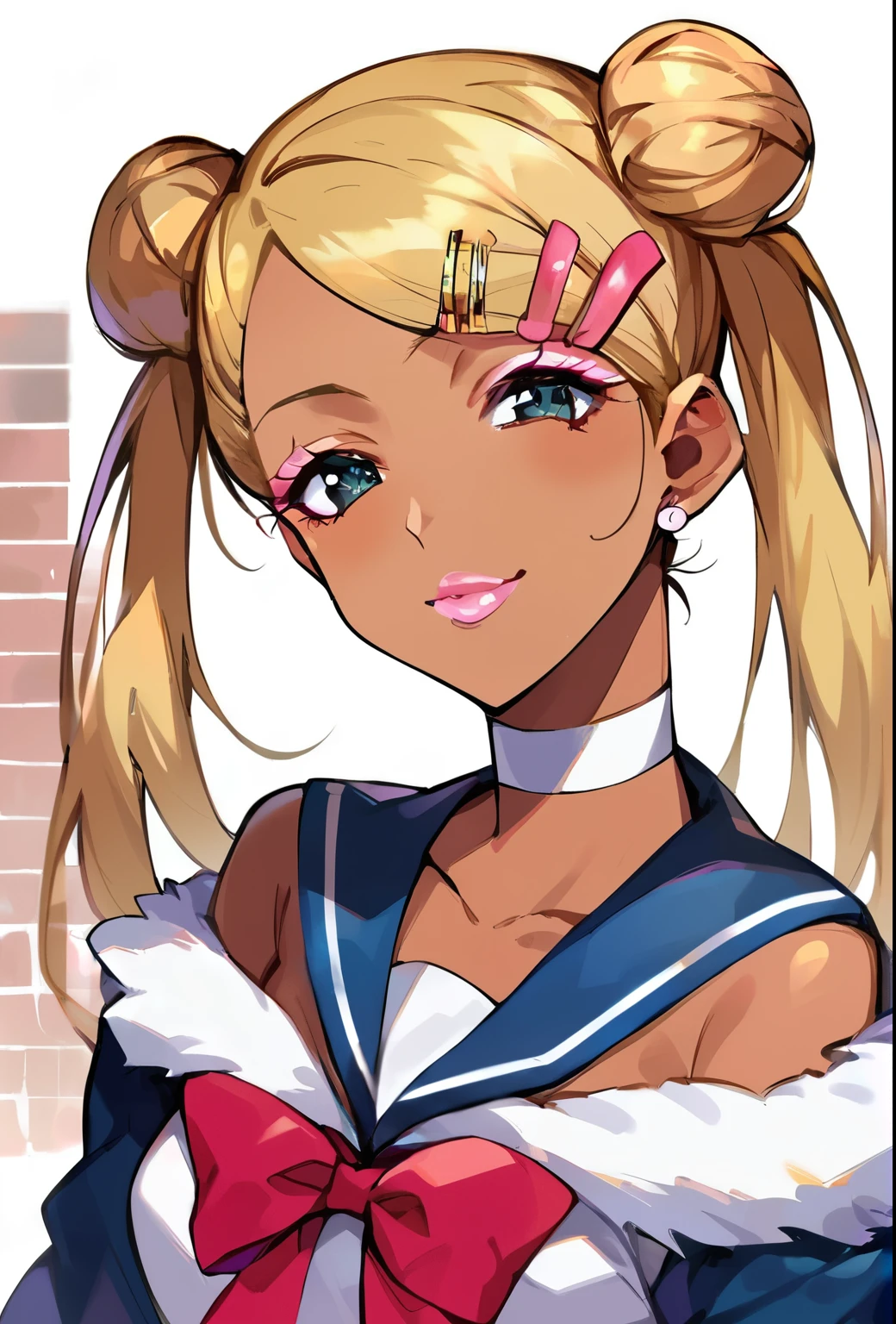 Score_9, score_8_up, score_7_up, score_6_up, gyaru, source_anime, 1girl, solo, white background, brick wall backdrop, upper body, looking at viewer, BREAK, earrings, BREAK, thin pink lips, tanned skin, pink makeup, fur trim, bare shoulders, off shoulder, white choker, hairclip, 1girl,tsukino usagi, gloves, blonde hair, hair bun, double bun, sailor senshi uniform, twintails, very long hair, cowboy shot