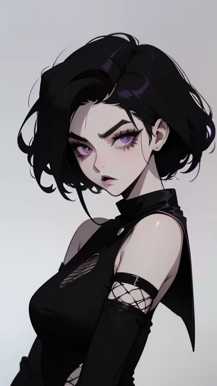 anime style, cartoon, comic, anime comic, medium dark colors, soft tones, lighting details, generates an image of a 20-year-old a single gothic girl, black painted lips, pastel purple eyes, long black hair dark pastel purple background, the girls hair reaches her eyebrows, defined eyebrows
