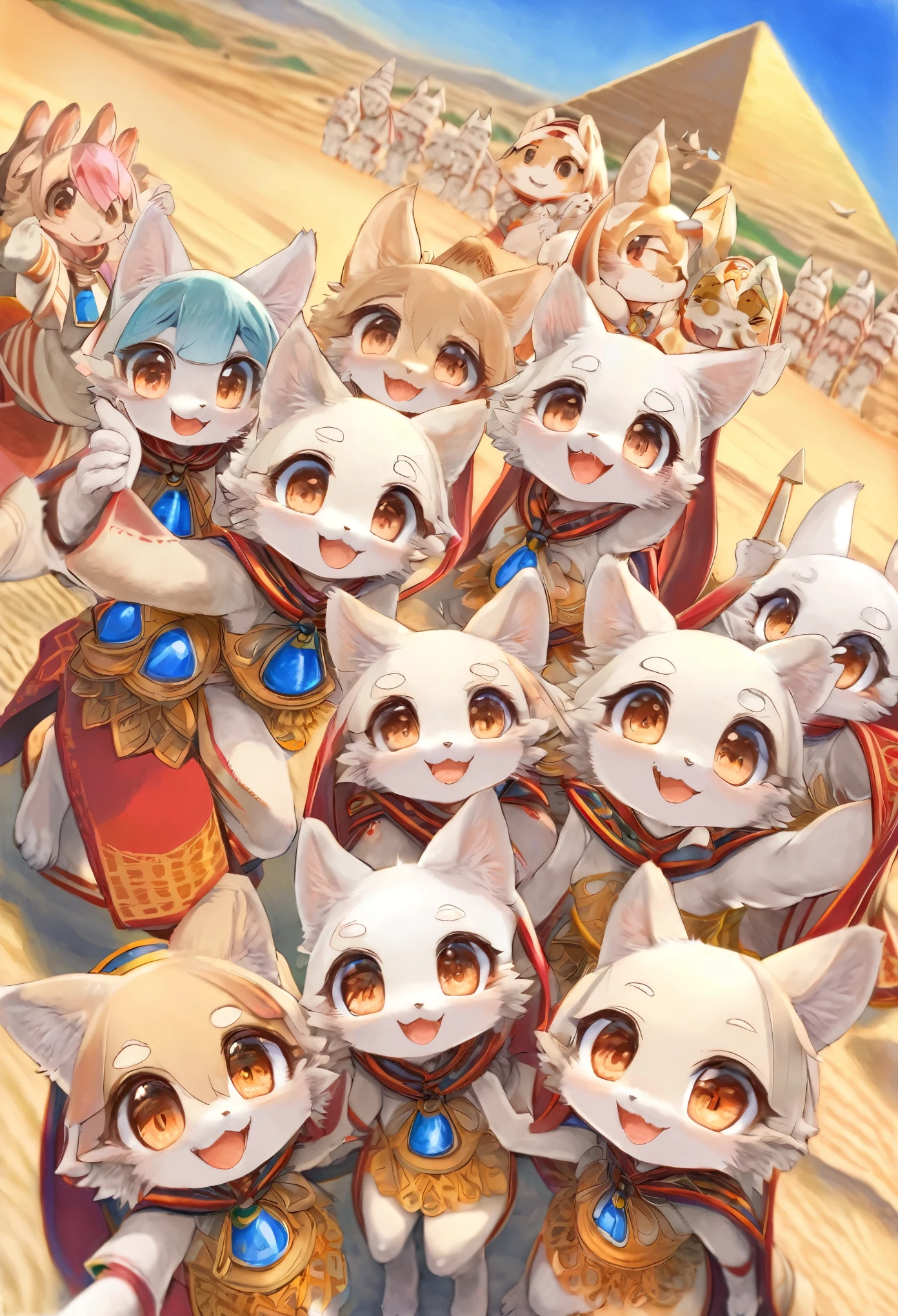 top quality, best quality, High-quality illustrations, masterpiece, super high resolution, detailed background, detailed background, desert, sand dunes, pyramid, Traditional costumes, group shot:0.2, 6+boys, 6+girls, Happy, joyful, absurdres(highly detailed beautiful face and eyes)perfect anatomy(kemono, furry anthro)selfie:0.1,