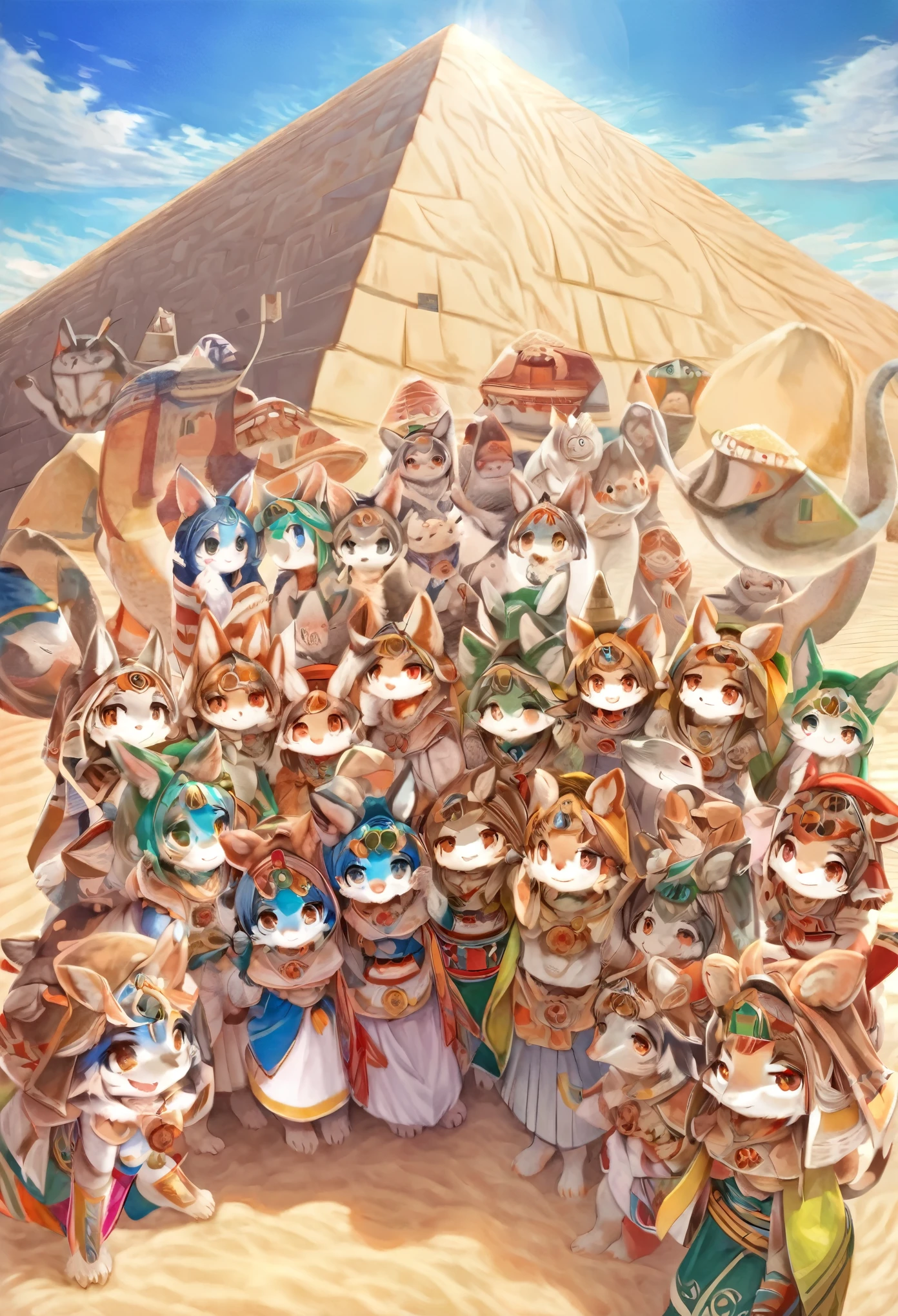 top quality, best quality, High-quality illustrations, masterpiece, super high resolution, detailed background, detailed background, desert, sand dunes, pyramid, Traditional costumes, group shot:0.2, 6+boys, 6+girls, Happy, joyful, absurdres(highly detailed beautiful face and eyes)perfect anatomy(kemono, furry anthro)selfie:0.1,