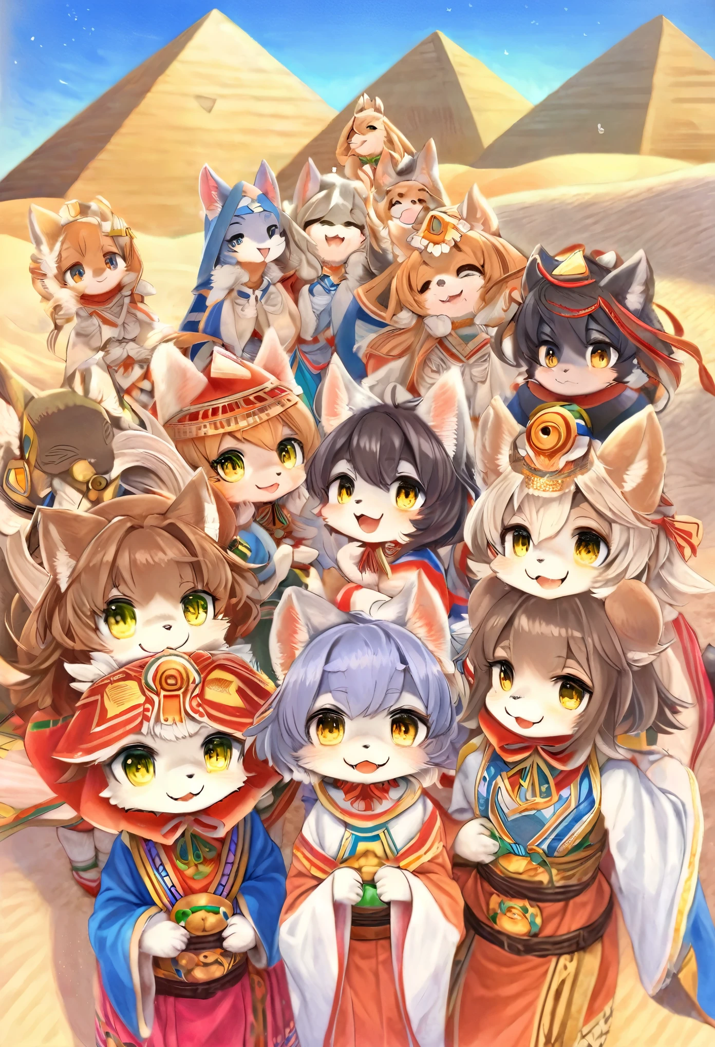 top quality, best quality, High-quality illustrations, masterpiece, super high resolution, detailed background, detailed background, desert, sand dunes, pyramid, Traditional costumes, group shot:0.2, 6+boys, 6+girls, Happy, joyful, absurdres(highly detailed beautiful face and eyes)perfect anatomy(kemono, furry anthro)selfie:0.1,