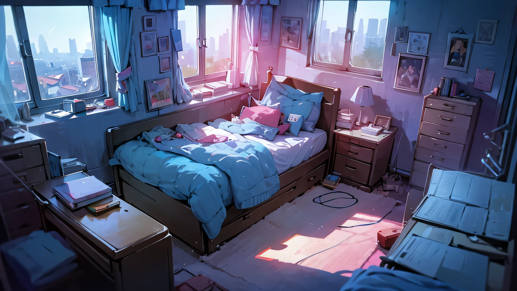 girl, bedroom, ager with headphones, books on the computer, messy bed, window with sunrise