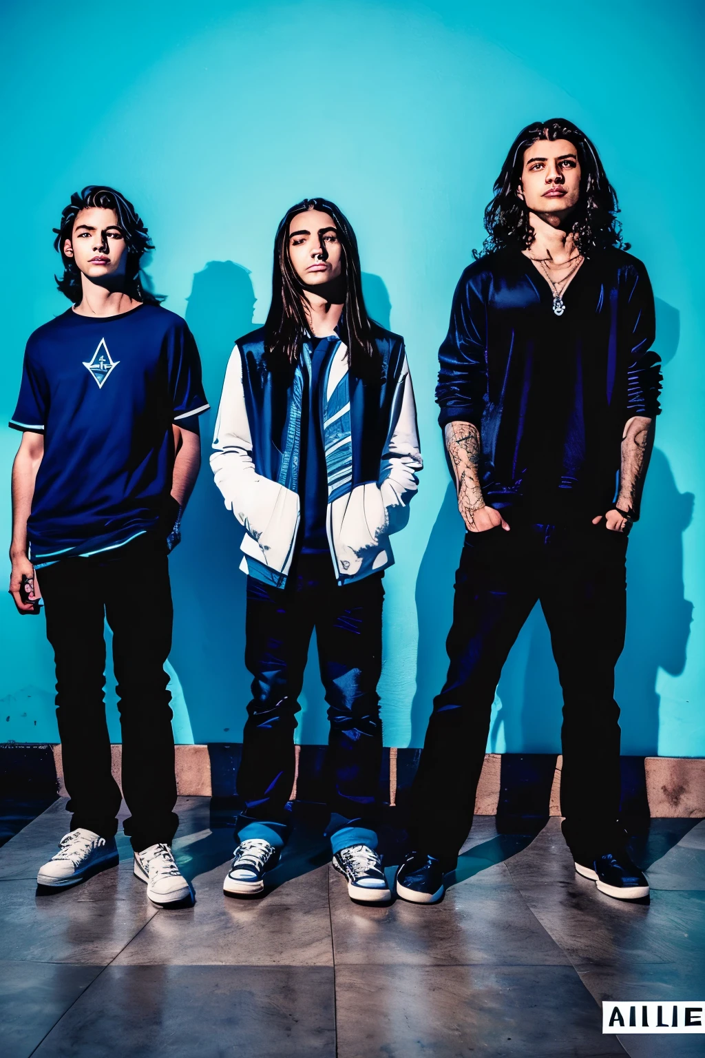 three teenagers two boys, um de cabelo preto e curto e segundo loiro de cabelo curto e a de cabelo azul