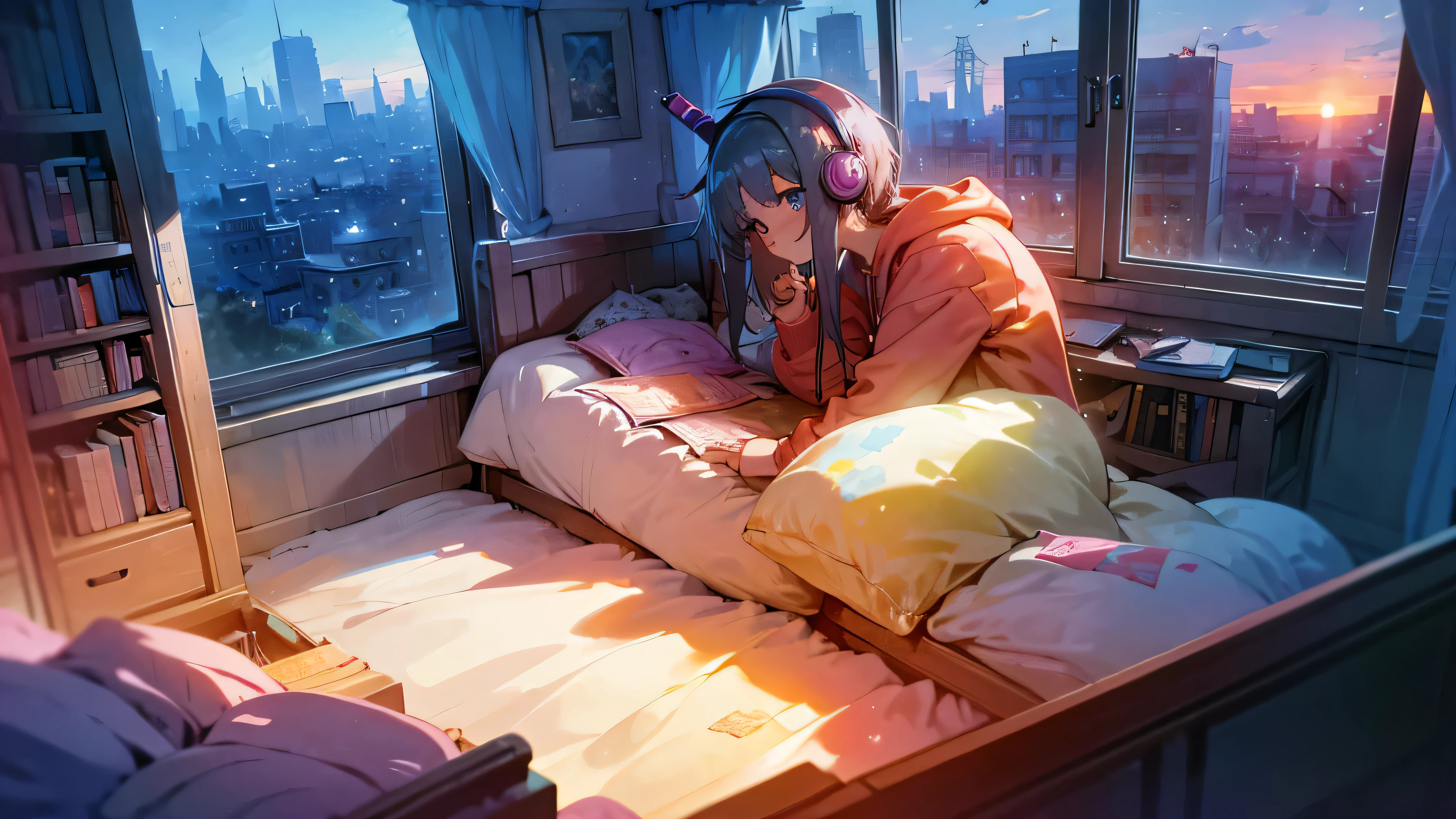 girl, bedroom, teenager with headphones, books on the computer, messy bed, window with sunrise