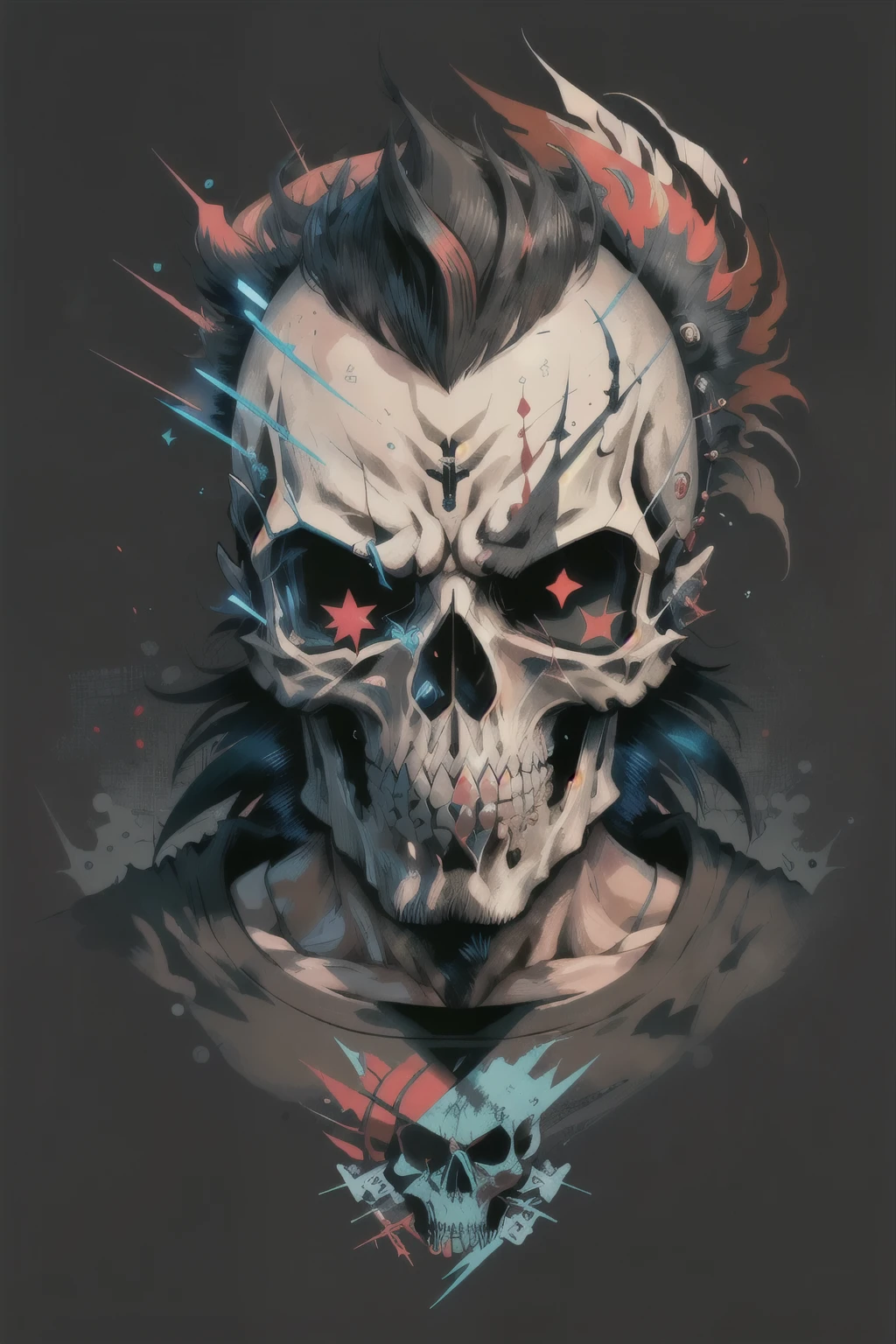 (best quality,4k,8k,highres,masterpiece:1.2), skull, mohawk, punk, vector art,j-horror, black background, vector t-shirt logo design, joyful, lens flare abuse, Yuki Katsura, subalpine meadows, Walking Catfish, Christmas Red