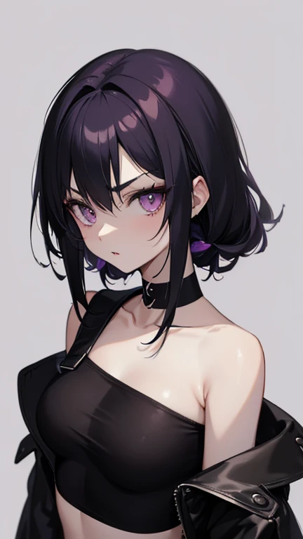 anime style, cartoon, comic, anime comic, medium dark colors, soft tones, lighting details, generates an image of a 20-year-old a single gothic girl, black painted lips, pastel purple eyes, long black hair dark pastel purple background, the girls hair reaches her eyebrows, defined eyebrows