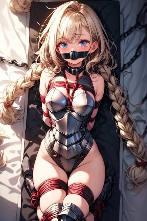 Shiny blond hair, very long hair, sophisticated haircut, ((((hair fully braided)))), ((small twisted braids)), thin and oval face, submissive, (((gagged))), cute and blushing 18 years old anime girl, look away because she is embarrassed and blushes, bright blue eyes, detailed face, detailed members, detailed arms, detailed hands, Girl lying, tied by chains, shackled, can no longer move, tied tightly, very hard tied up with lots of chains, hampered by so many chains that she can no longer move, bound hands and feet, chains tie his whole body, tied extremely tightly and forcefully to her bed by a lot of chains, its limbs are strongly tied together by chains, his torso is tied up with thick cords, her chest is so tied up with chains that it sticks out, her legs are tied tightly with thick chains, his hands are tied behind his back with chains, she can no longer move her feet, her hands which are tied by thick chains, she desperately tries to free herself, likes to be tied tight with big chains, likes to be immobilized by big chains, lying down, his hands and feet are strongly tied to the railing of his bed, his legs are pressed together and tied with chains, its limbs are held vigorously by imposing chains, her hands are tied securely behind her back by chains, her chest is compressed by strong chains, she is pressed against her bed and restrained by large chains (shibari, arms behind the back:1.4), (hands on the back), (masterpiece, best quality) 1.5, 1girl, solo, (sexy, beautiful woman, perfect face, perfect eyes, perfect hands), samus aran, (shibari, arms behind the back:1.4), (hands on the back), Spread the legs, s' ((lie in bed by big chains)), ((close up of the girl)), ((((lie in bed)))), ((((a princess in armor trapped in a dungeon)))), ((((armor dress)))), ((((armor suit)))), ((((chained to the prison wall)))), ((((chained by big chains))))