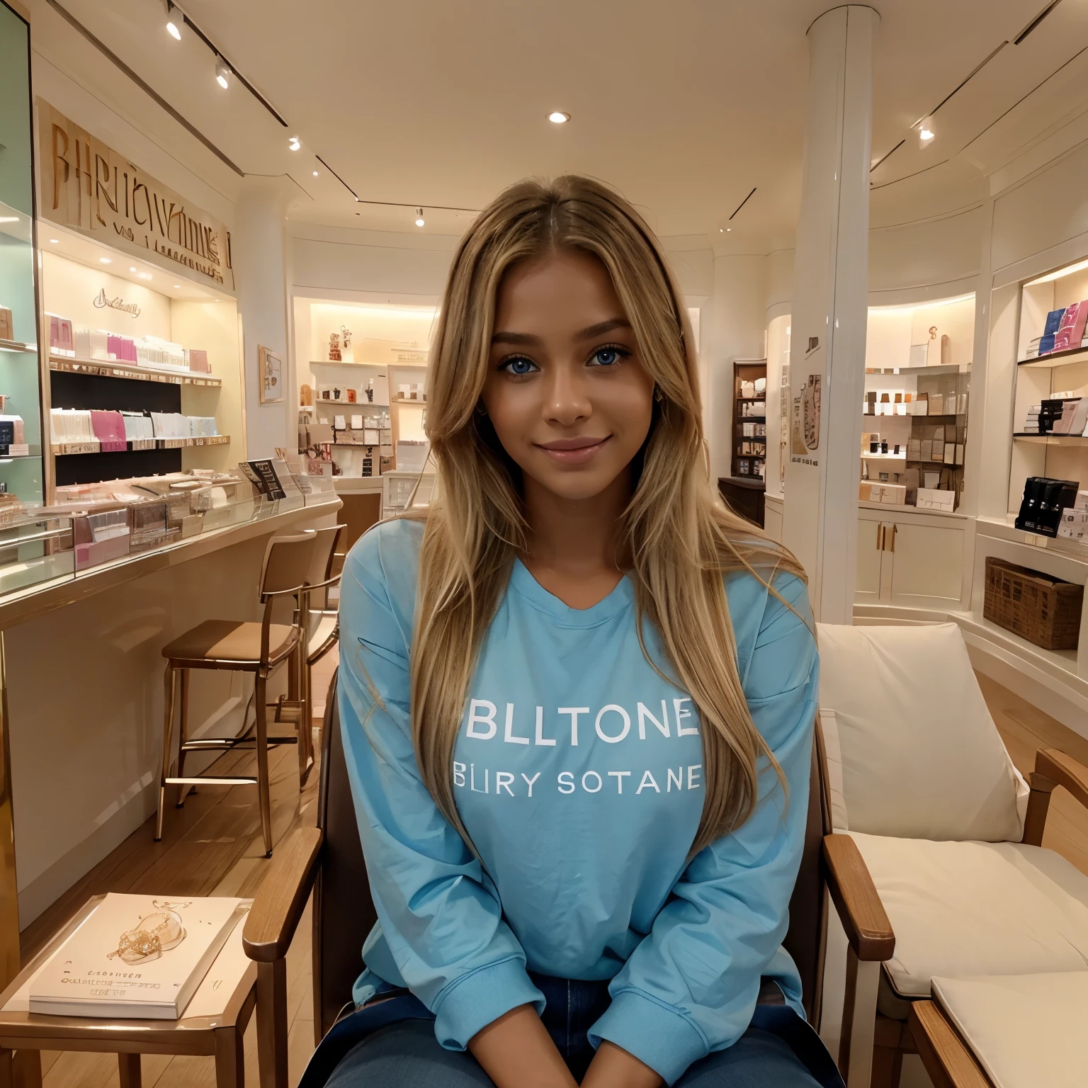 Pretty Female, Windblow blonde hair, glowing blue eyes, realistic,sits on a chair in a perfume store, little smile, brown skin, store banner with bold name written as 'SMAR Collections'