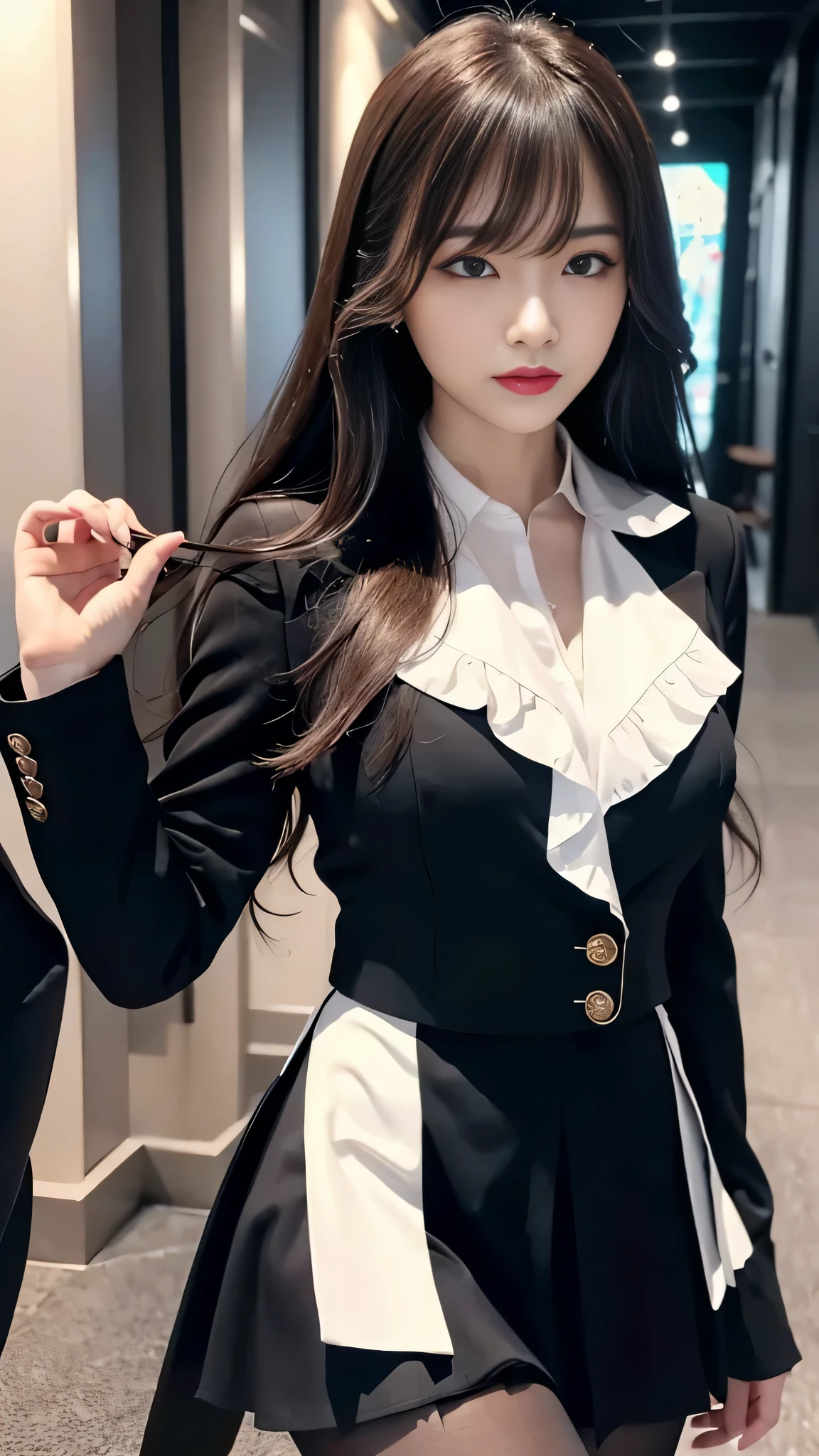 tra-detailed、2girls、Japanese、attractive beauty、seductive adult woman、pretty woman、piercing eyes、cool girl、wavy hair、swept bangs、suit、Jacket、blouse、ribbon、Tight Skirt、pantyhose、beautiful feet、Evil cadres、evil depravity、brainwash、mind control、lipstick、lip gloss、dark makeup、smirk、Whisper in my ear、Evil expression、evil、hollow eyes,half-closed eyes、empty eyes、evil、church at night、vampire、succubus、vampire、Swear allegiance、Hold your hand over another woman