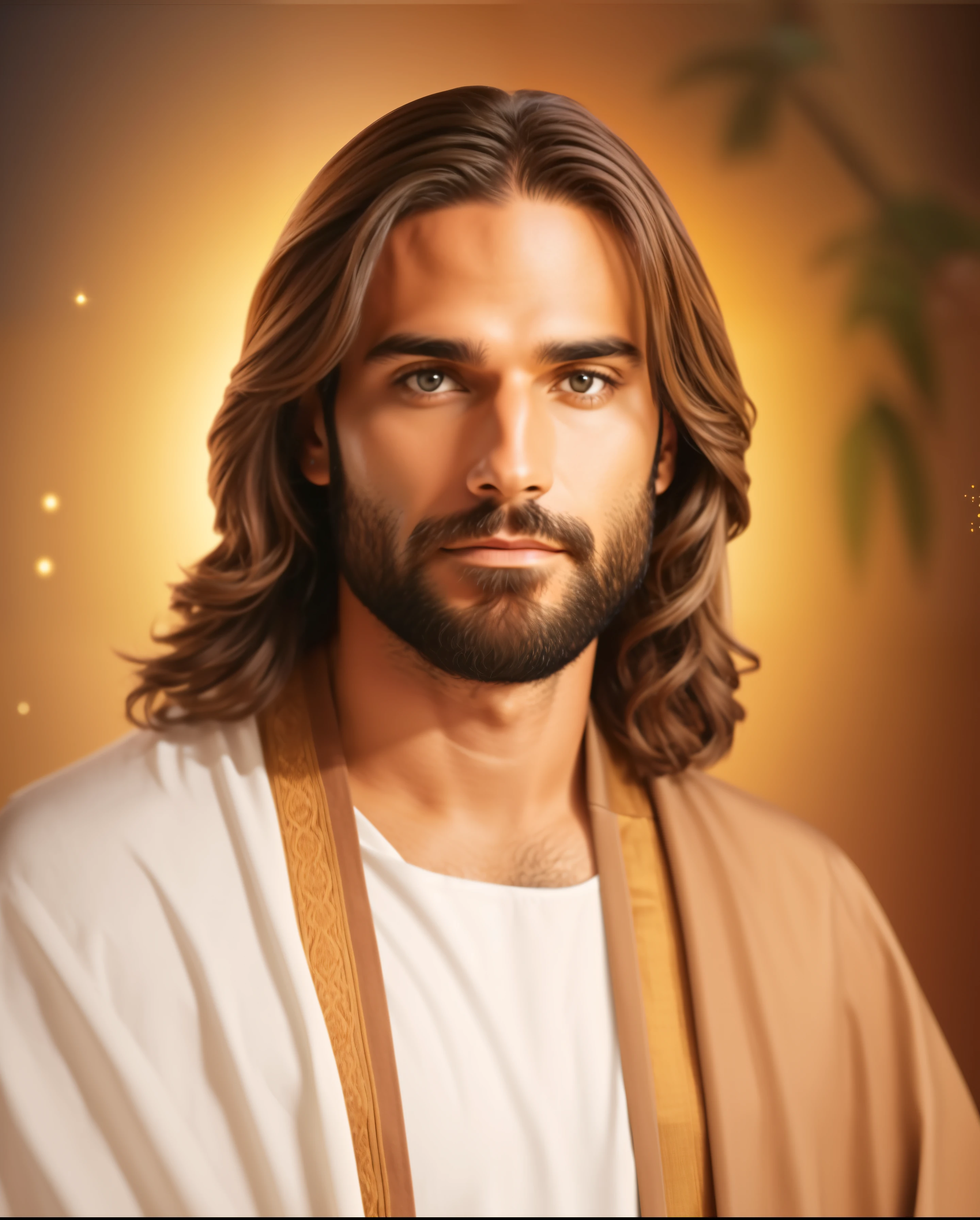 Seth Rollins como Jesus Cristo, focar nos detalhes do rosto, semelhante ao seth rollins, wearing long beige robe of Jesus, Bible Jesus Style, imagem realista, fundo da imagem jardim celestial com animais e flores, melhor qualidade, 8k, focar nos detalhes., DE FRENTE , CORPO INTEIRO