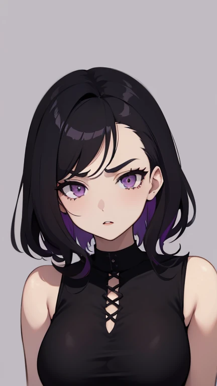 anime style, cartoon, comic, anime comic, medium dark colors, soft tones, lighting details, generates an image of a 20-year-old a single gothic girl, black painted lips, pastel purple eyes, long black hair dark pastel purple background, the girls hair reaches her eyebrows, defined eyebrows