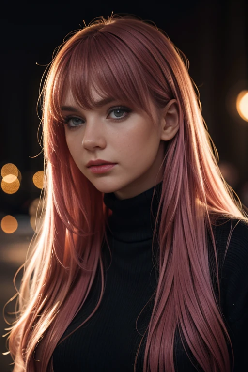 Best quality, masterpiece, ultra high res, (photorealistic:1.4), raw photo, 1girl, long hair, pink hair, detailed eyes and face, black sweater, warm cinematic lighting, in the dark, deep shadow, low key,