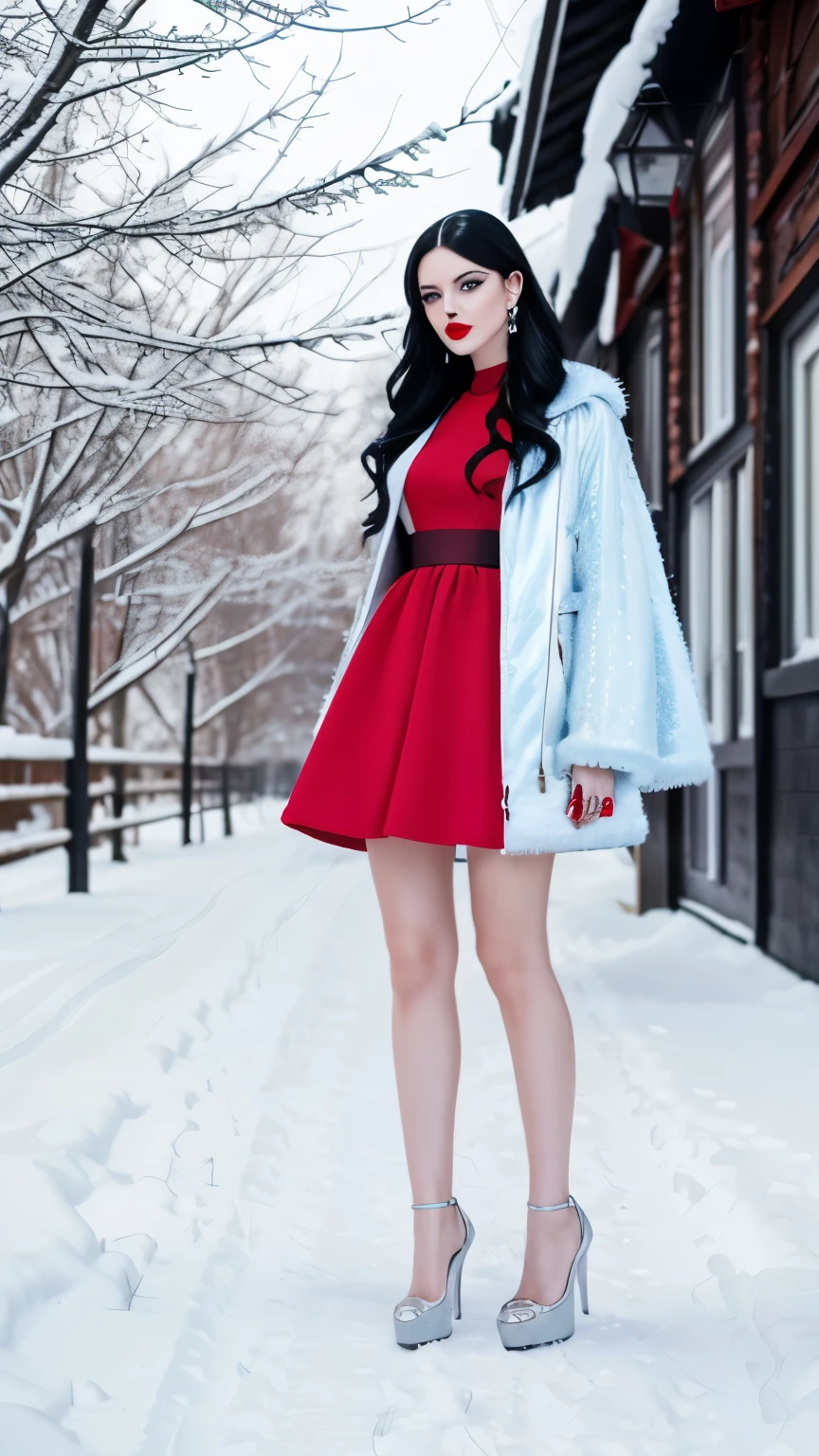 Woman, long black hair, bold light blue eyeshadows, red lips, goth style woman, white dress, outdoor, fullbody photo, high heels, huge silver earrings, winter, snow,white short fur jacket, small tattoo on arm
