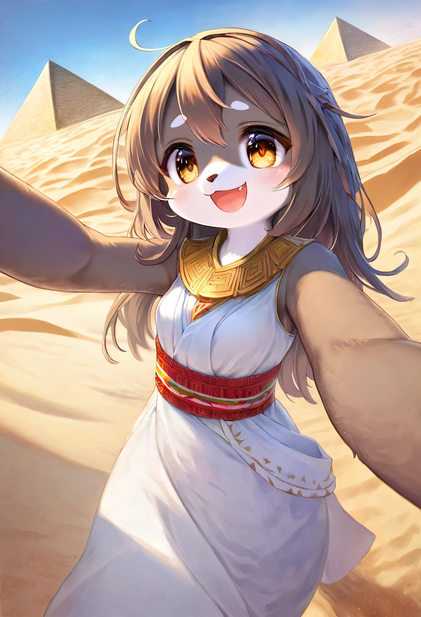 top quality, best quality, High-quality illustrations, masterpiece, super high resolution, detailed background, detailed background, desert, sand dunes, pyramid, Traditional costumes, 1girl, Natural subject pose, Happy, joyful, absurdres(highly detailed beautiful face and eyes)perfect anatomy(kemono, furry anthro)selfie:0.1,