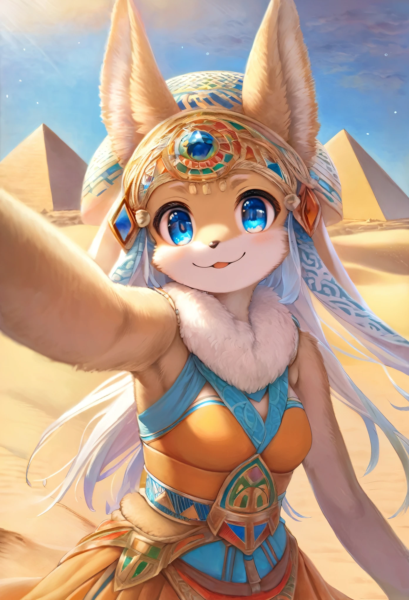 top quality, best quality, High-quality illustrations, masterpiece, super high resolution, detailed background, detailed background, desert, sand dunes, pyramid, Traditional costumes, 1girl, Natural subject pose,  Happy, joyful, absurdres(highly detailed beautiful face and eyes)perfect anatomy(kemono, furry anthro)selfie:0.1,
