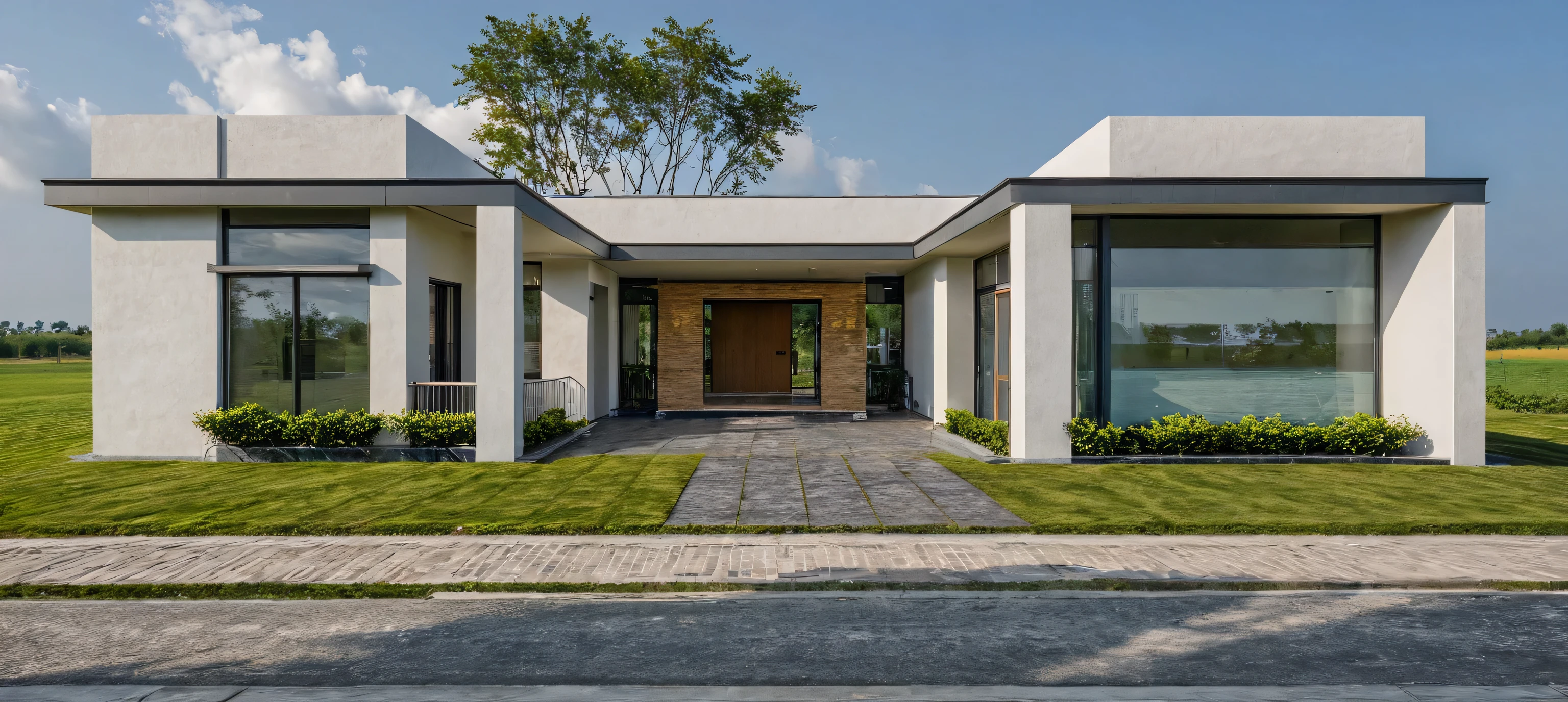 chef-d'artwork, high quality, best quality, authentique, Great detail, en plein air, villa de plain-piedXL, credit group, style de maison moderne dans la rue ,escaliers, mur blanc ,route,pavement, herbe, des arbres, ciel, nuage, (day light:1.1)