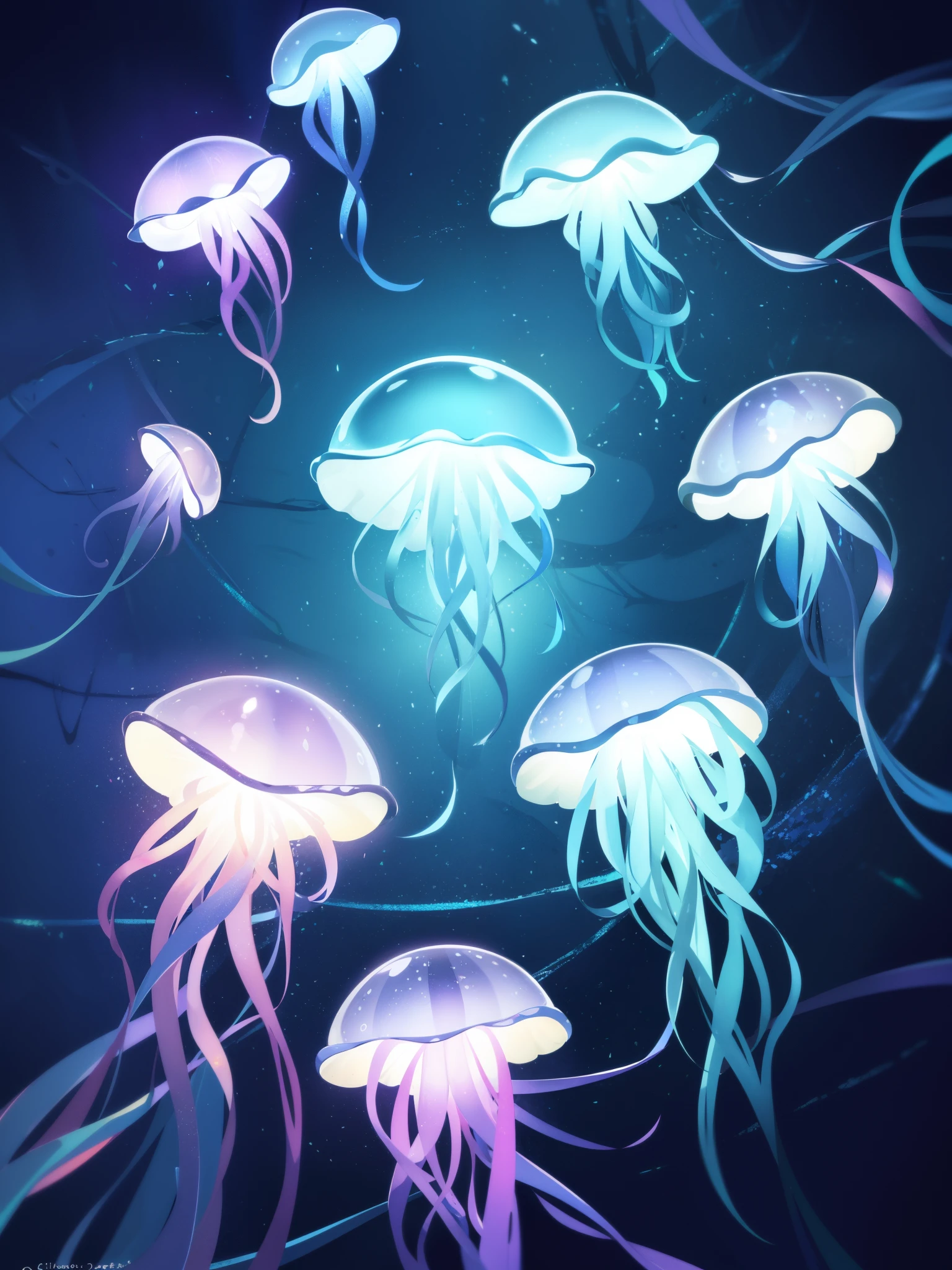 a bunch of jellyfish lost inside an unknown ecosystem all in different colors, glowing, glimmers, sparkels,