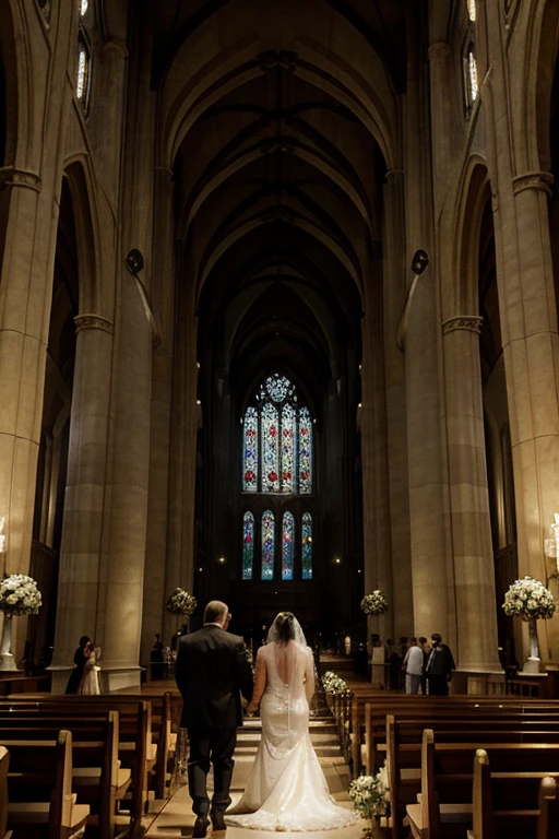 Dimly lit, gigantic golden cathedral seen at an angle slightly above those watching the wedding ceremony taking place. The bride is in the middle of the aisle that takes her to the altar, where the groom is waiting. the bride walks next to her father and both have their backs to the drawing&#39;s point of view. the cathedral is decorated with Renaissance paintings and ornaments on its columns.