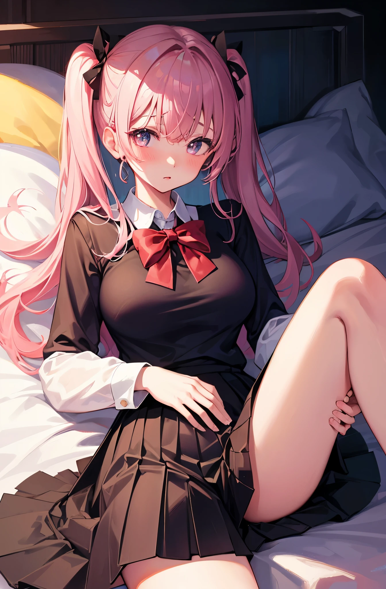 random hairstyle、random hair color、The crotch is wet、collared shirt, pleated skirt, , bow、spread legs, legs up、missionary positionbird’s eye view,spread legs、on the bed、A glossy look、、A table that looks like it's about to cum、I'm embarrassed、night、8K, highest quality, masterpiece, super detailed、young face、、full lips、、、blush、lipstick、big breasts、perfect hands、detailed hands、on the bed、shy,nsfm、collared shirt, pleated skirt, , bow、random hairstyle、random hair color