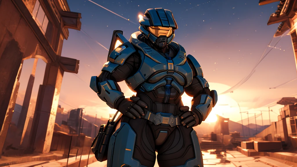 spartan halo, big breasts, wide hips, high res, high resolution, thick thighs, realistic, raw photo, thick thighs, body suit, standing pose, nipple outline, sunset, beautiful lighting, low angle, full body, wallpaper, 4k, 8k, background, (hand on hip), highly detailed, detailed fingers