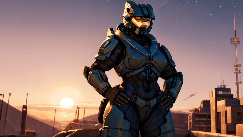 spartan halo, big breasts, wide hips, high res, high resolution, thick thighs, realistic, raw photo, thick thighs, body suit, standing pose, nipple outline, sunset, beautiful lighting, low angle, full body, wallpaper, 4k, 8k, background, (hand on hip), highly detailed, detailed fingers