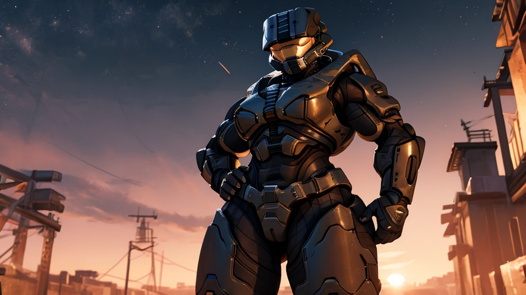 spartan halo, big breasts, wide hips, high res, high resolution, thick thighs, realistic, raw photo, thick thighs, body suit, standing pose, nipple outline, sunset, beautiful lighting, low angle, full body, wallpaper, 4k, 8k, background, (hand on hip), highly detailed, detailed fingers