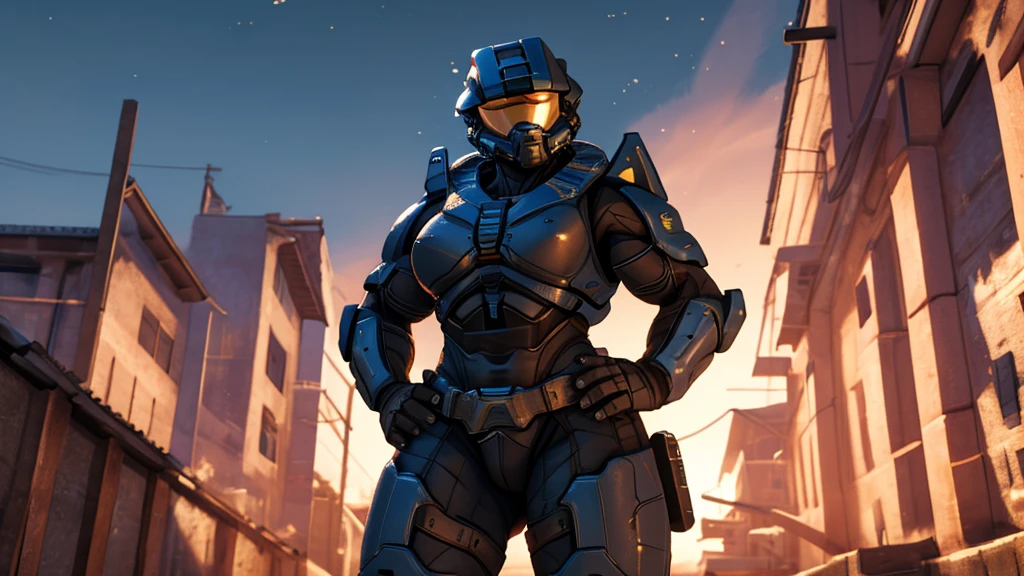 spartan halo, big breasts, wide hips, high res, high resolution, thick thighs, realistic, raw photo, thick thighs, body suit, standing pose, nipple outline, sunset, beautiful lighting, low angle, full body, wallpaper, 4k, 8k, background, (hand on hip), highly detailed, detailed fingers