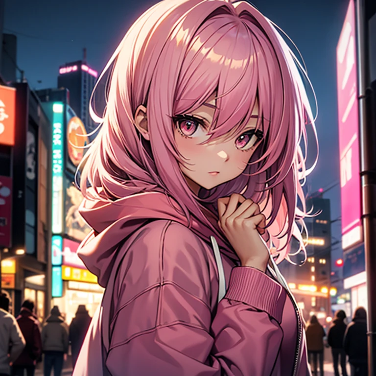 pink hair, medium length hair, brown eyes, girl, night city, warm، pink hoodie, 18 years