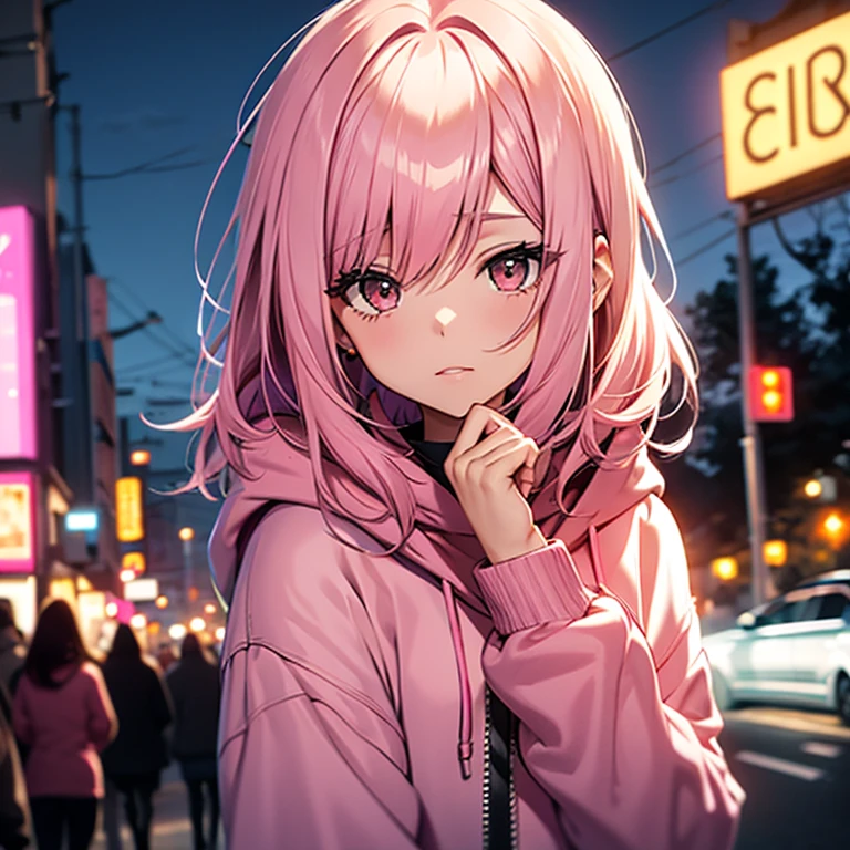 pink hair, medium length hair, brown eyes, girl, night city, warm، pink hoodie, 18 years