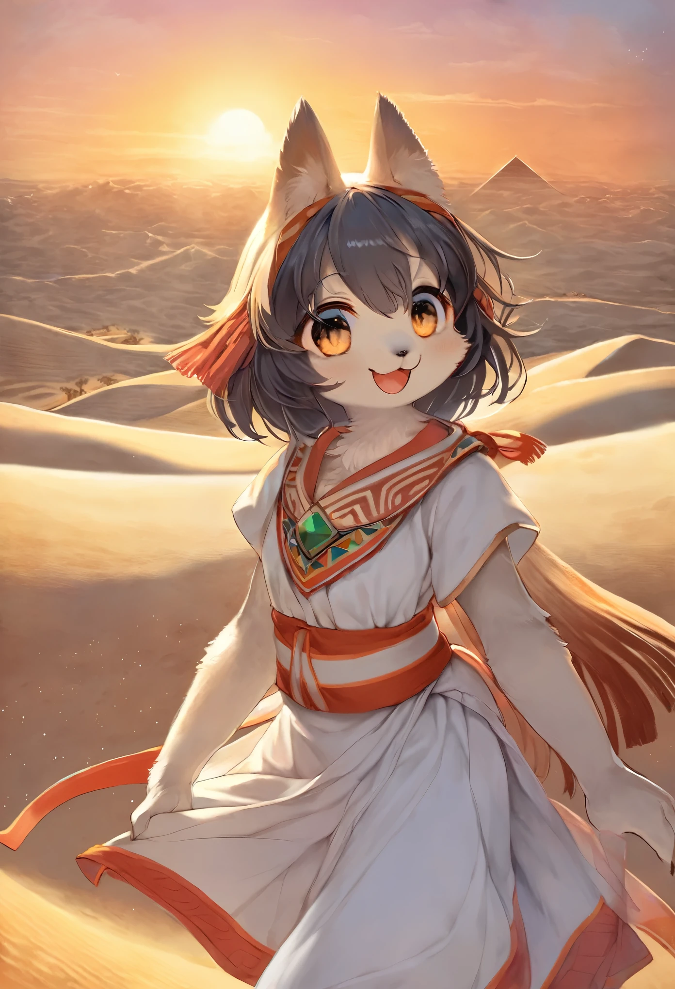 top quality, best quality, High-quality illustrations, masterpiece, super high resolution, detailed background, detailed background, desert, sand dunes, pyramid, Traditional costumes, 1girl, Natural subject pose, Happy, joyful, absurdres(highly detailed beautiful face and eyes)perfect anatomy(kemono, furry anthro),