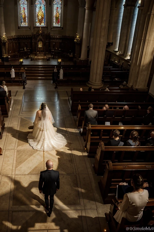 Dimly lit, gigantic golden cathedral seen at an angle slightly above those watching the wedding ceremony taking place. The bride is in the middle of the aisle that takes her to the altar, where the groom is waiting. the bride walks next to her father and both have their backs to the drawing&#39;s point of view. the cathedral is decorated with Renaissance paintings and ornaments on its columns. The image is being seen from above, a noiva, os convidados, o noivo, todos parecem bem pequenos, and everything has a magical and mysterious air.