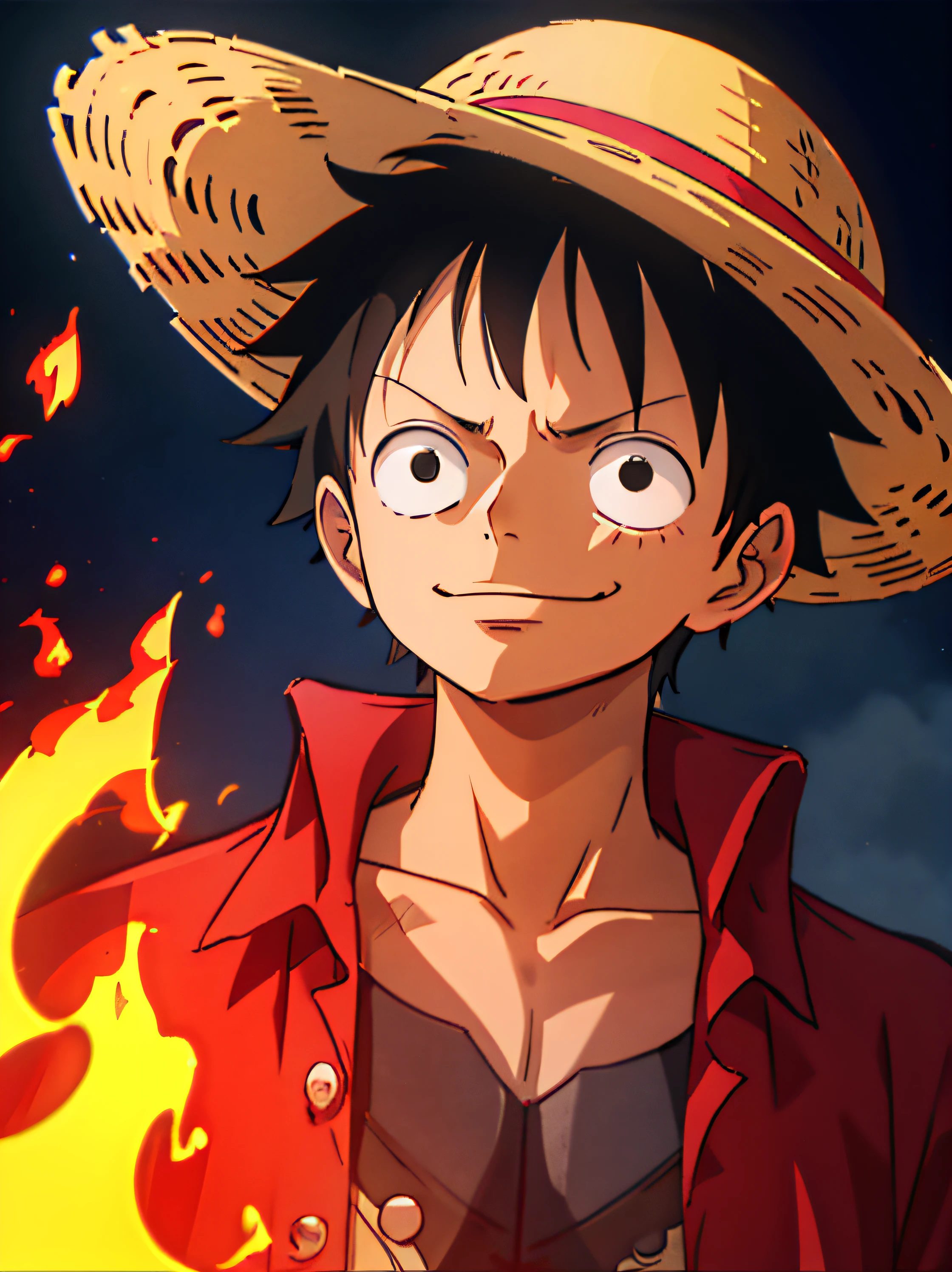 1 boy, com.wanostyle, Monkey D Luffy, He smiles, Straw hat, Looking at the viewer, Single, Upper body, ((Masterpiece)), (Best quality), (Very detailed), Depth of field, fee, Intense dark shadows, Intense focus, Soft lighting, Human development report, Colorful, good composition, Fire everywhere, amazing, Closed shirt, Anime screen, Scar under the eye, Combat-ready, Black eyes