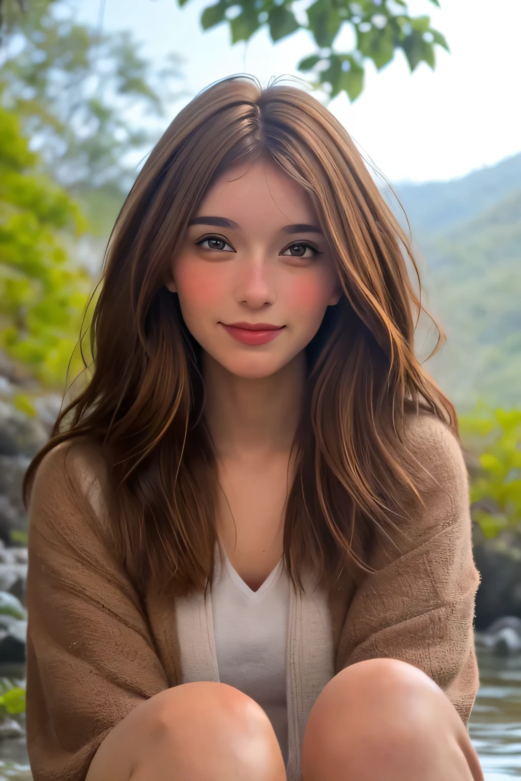 ((Mejor calidad)), ((obra maestra)), (detallado), cara perfecta,, foto carnet, mirando cuerpo entero al frente, ambos hombros mirando al frente, porta retrato de una mujer, con el pelo muy poco ondulado, brown hair color, hair length to the knees, brown eye color, eye size not very big, blushing cheeks with a medium size, que el porta retrato se vea hasta el pecho y que el fondo sea de la naturaleza, hojas, agua, cascadas pajaros. Por ultiimo ropa espiritual,, holistica