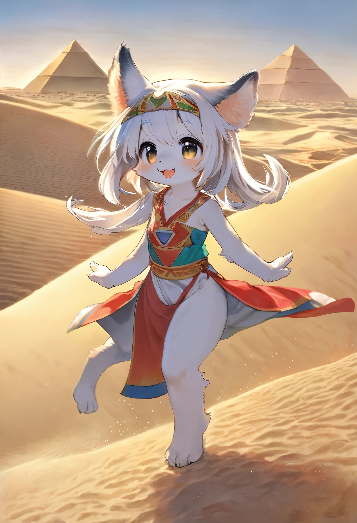 top quality, best quality, High-quality illustrations, masterpiece, super high resolution, detailed background, detailed background, desert, sand dunes, pyramid, Traditional costumes, 1girl, Natural subject pose, Happy, joyful, absurdres(highly detailed beautiful face and eyes)perfect anatomy(kemono, furry anthro),
