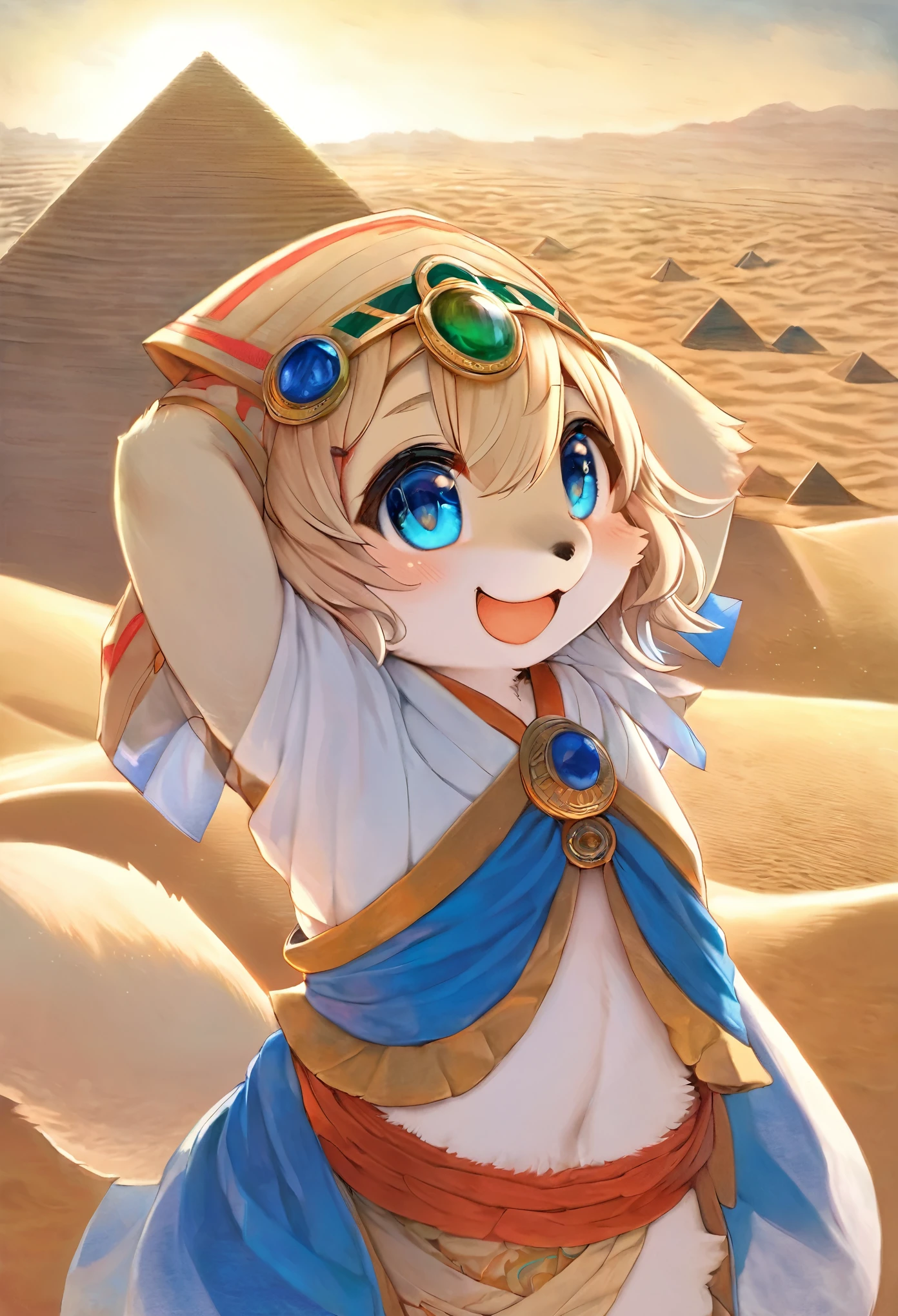 top quality, best quality, High-quality illustrations, masterpiece, super high resolution, detailed background, detailed background, desert, sand dunes, pyramid, Traditional costumes, 1girl, Natural subject pose, Happy, joyful, absurdres(highly detailed beautiful face and eyes)perfect anatomy(kemono, furry anthro)selfie:0.1,