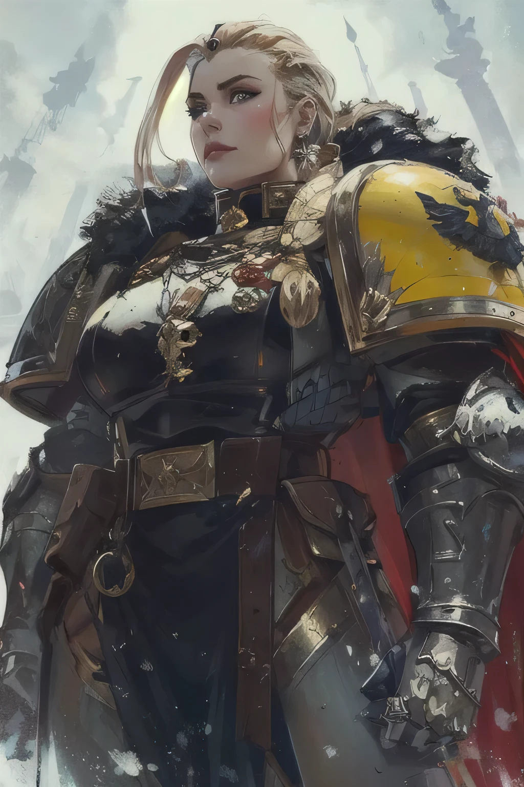 un primer plano de una mujer con armadura y espada, portrait of female paladin, arte del martillo de guerra, female paladin, picture of female paladin, armadura negra con detalles en amarillo, wojtek fus, estilo martillo de guerra, Warhammer 4 0 K Fantasy, Cabello engarzado en Warhammer, fantasy paladin woman, obra de arte de warhammer 4 0k, gorgeous female paladin