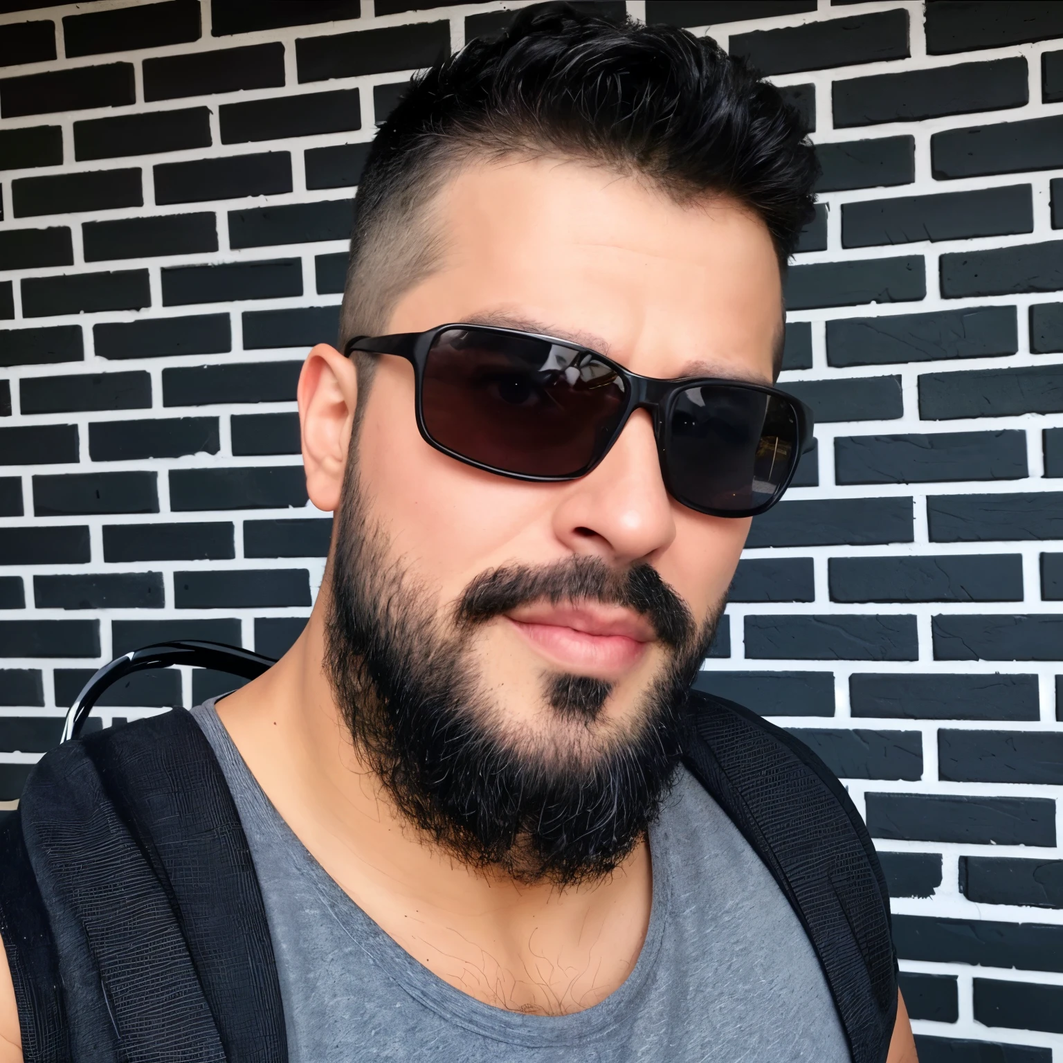 there is a man with a beard and sunglasses in front of a brick wall, cerca de 3 5 anos, 32 anos, imagem de perfil, 29 anos, barba preta espessa, profile picture with headshot, barba curta, 28 anos de idade, twitch streamer / jogador ludwig, barba espessa altamente detalhada, barba pequena, 27 anos de idade, caio santos