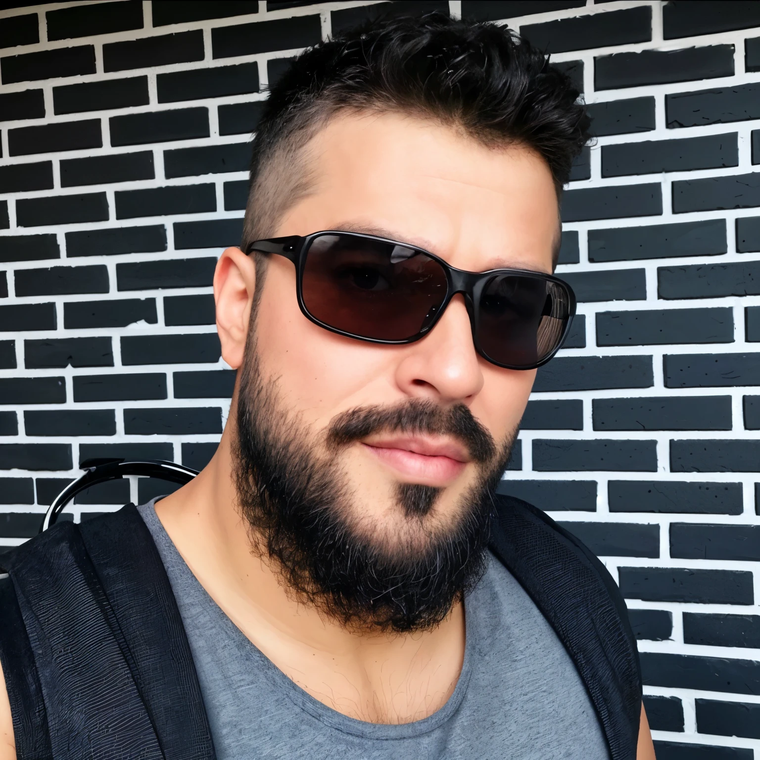 there is a man with a beard and sunglasses in front of a brick wall, cerca de 3 5 anos, 32 anos, imagem de perfil, 29 anos, barba preta espessa, profile picture with headshot, barba curta, 28 anos de idade, twitch streamer / jogador ludwig, barba espessa altamente detalhada, barba pequena, 27 anos de idade, caio santos
