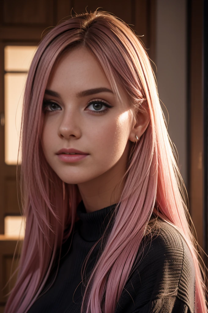 Superior quality, masterpiece, ultra high res, (photorealistic:1.4), raw photo, 1girl, long hair, pink hair, Hair tucked behind ear, female human ear, detailed eyes and face, cute expression, black sweater, warm cinematic lighting, in the dark, deep shadow, low key