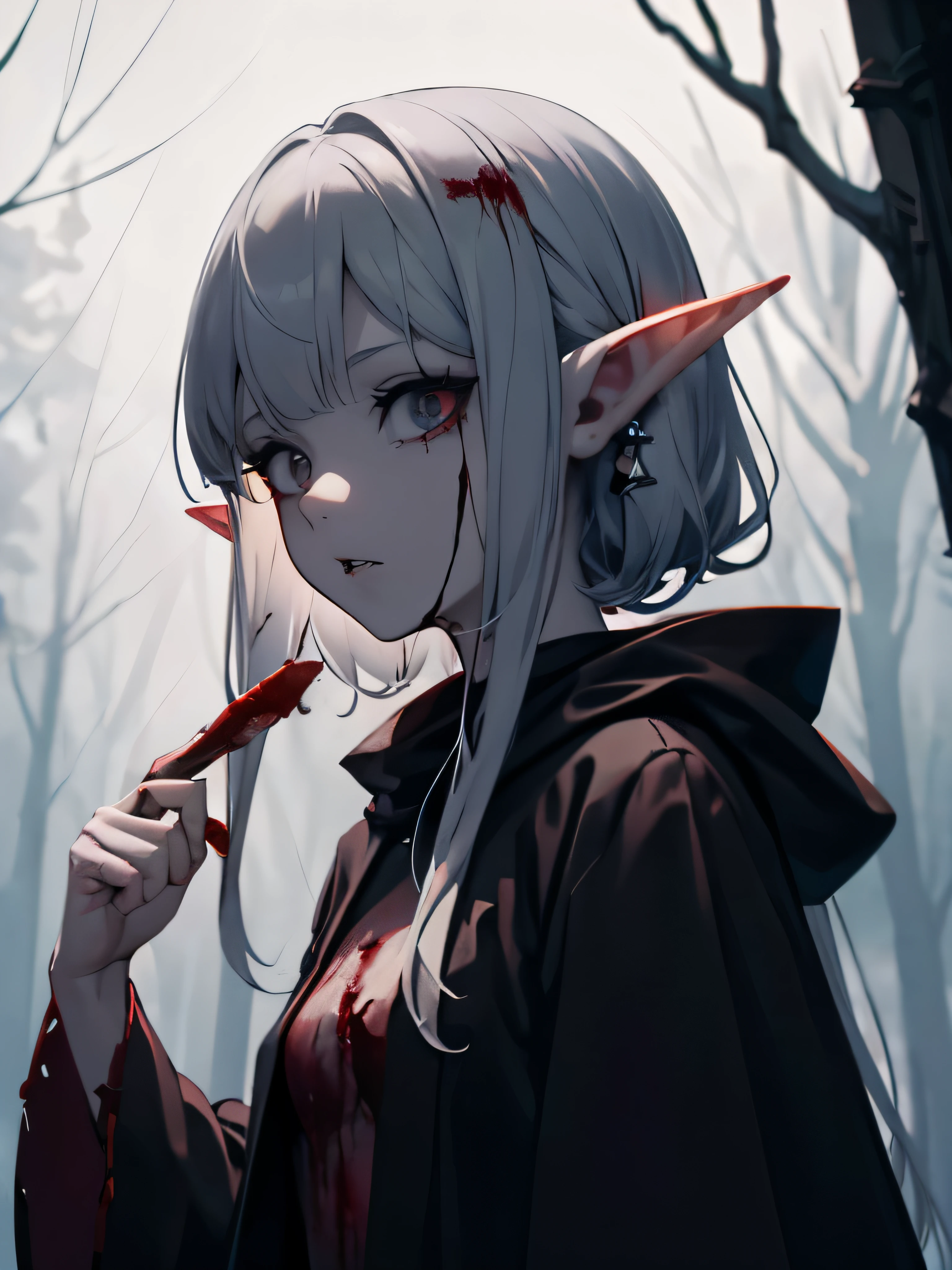 An little Elf girl with Morbid pale skin, Dark-elf, Bloody face, Bloody hands, Bloody black Robe, She is holding a Blood-dripping Knife, Dark atmosphere, Insanity atmosphere, She is taking pleasure to kill human