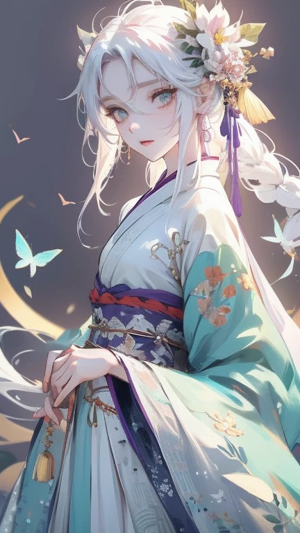 1 girl, solo, long white hair, shiny green eyes, detailed eyes, blink, silk hanfu, white robe hanfu, purple glittering butterflies, outdoors, flower garden, high quality, ancient chinese hanfu, floral background, very detailed